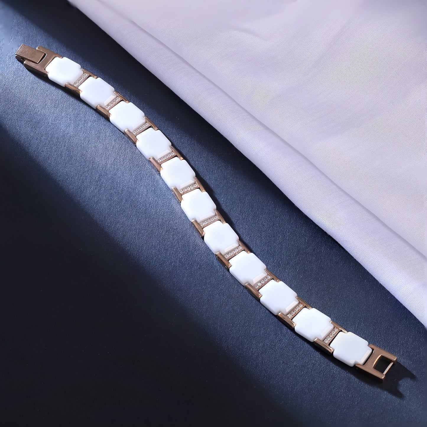 Men's White Ceramic & Rose Gold Bracelet | Modern Link Bangle | Gift for Him