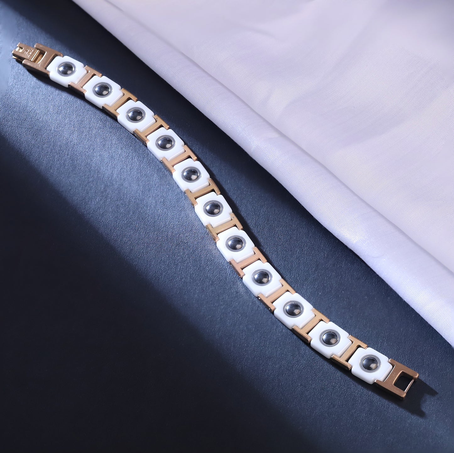 Men's White Ceramic & Rose Gold Bracelet | Modern Link Bangle | Gift for Him