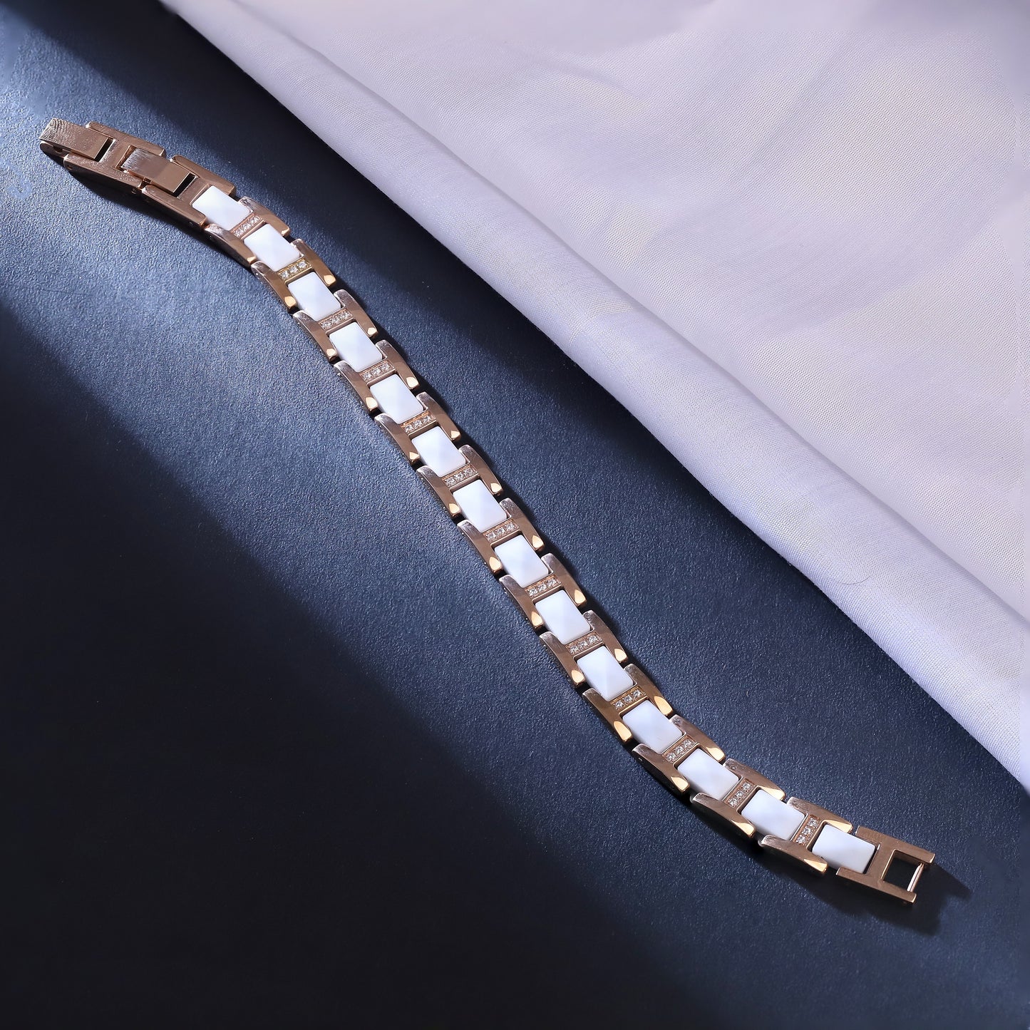 Men White Ceramic & Rose Gold Bracelet with Diamond Accents