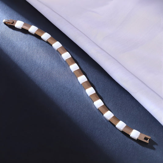 Men White Ceramic & Rose Gold Bracelet | Modern Link Bangle | CZ Pave Jewelry