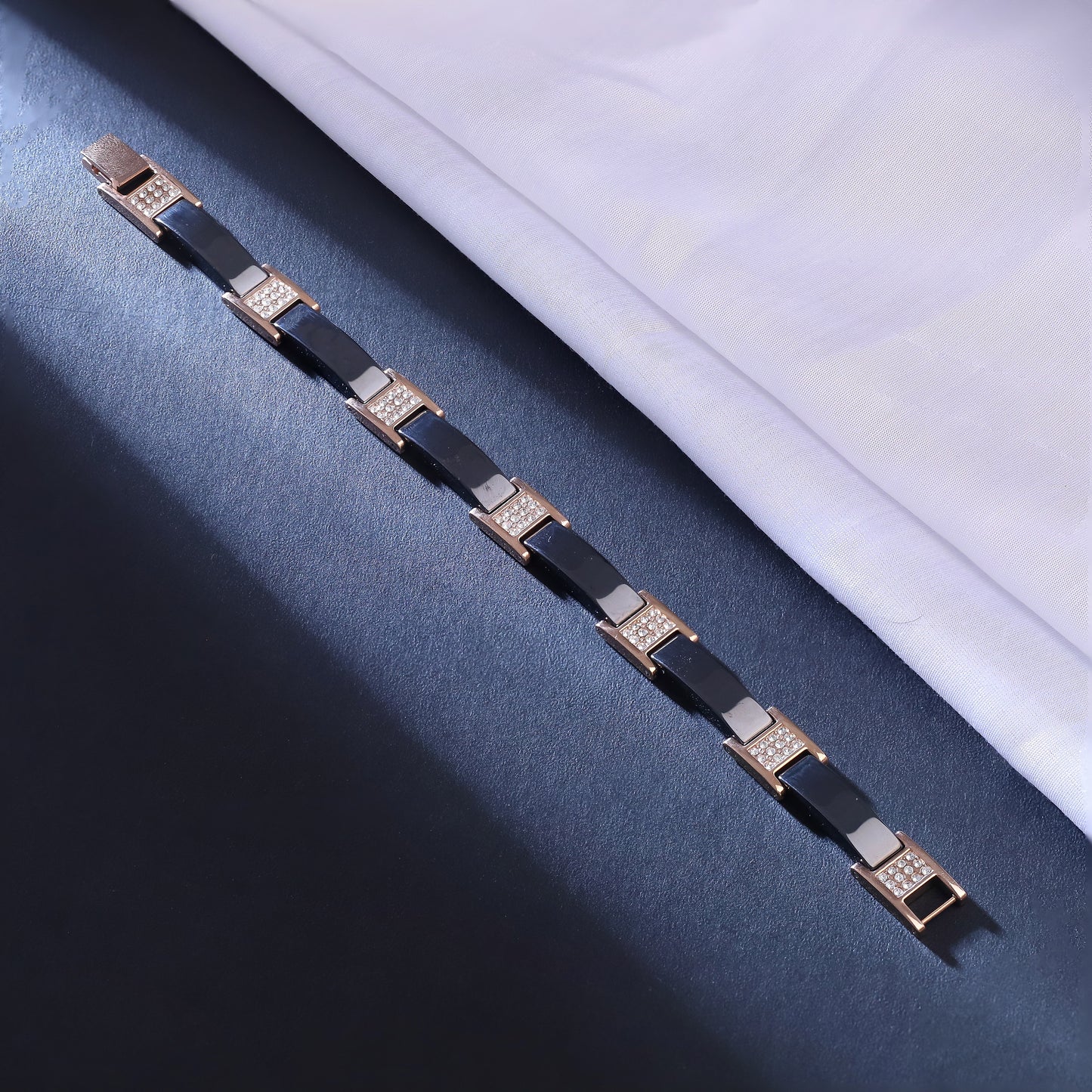 Contemporary Black Ceramic & Rose Gold Bracelet with Crystal Details - Men's Fashion Jewelry