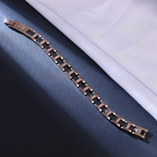 Men's Black & Rose Gold-Tone Link Bracelet with Geometric Accents | Modern Statement Piece