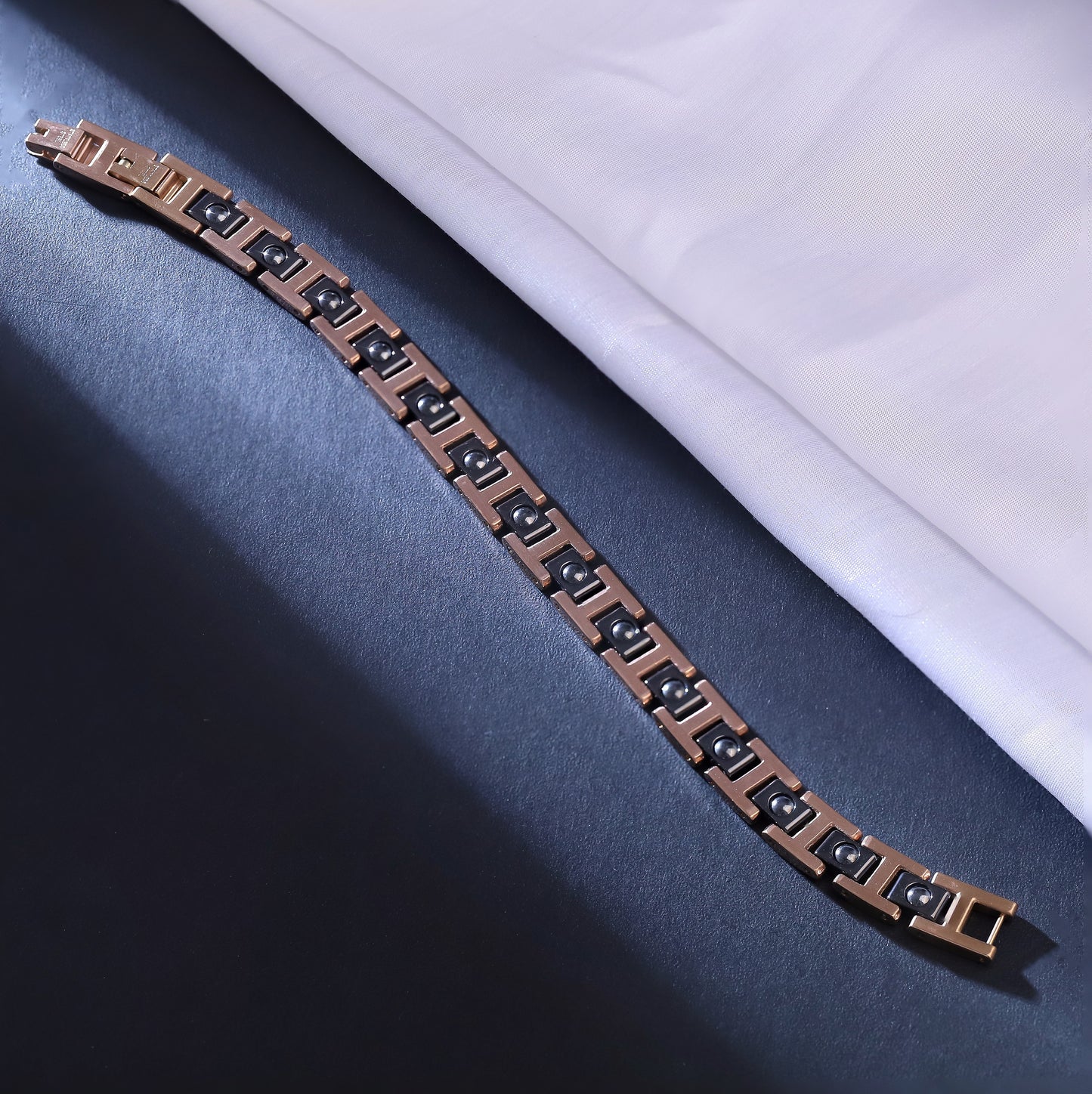 Men's Black & Rose Gold-Tone Link Bracelet with Geometric Accents | Modern Statement Piece