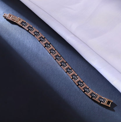 Men's Black & Rose Gold-Tone Link Bracelet with Geometric Accents | Modern Statement Piece