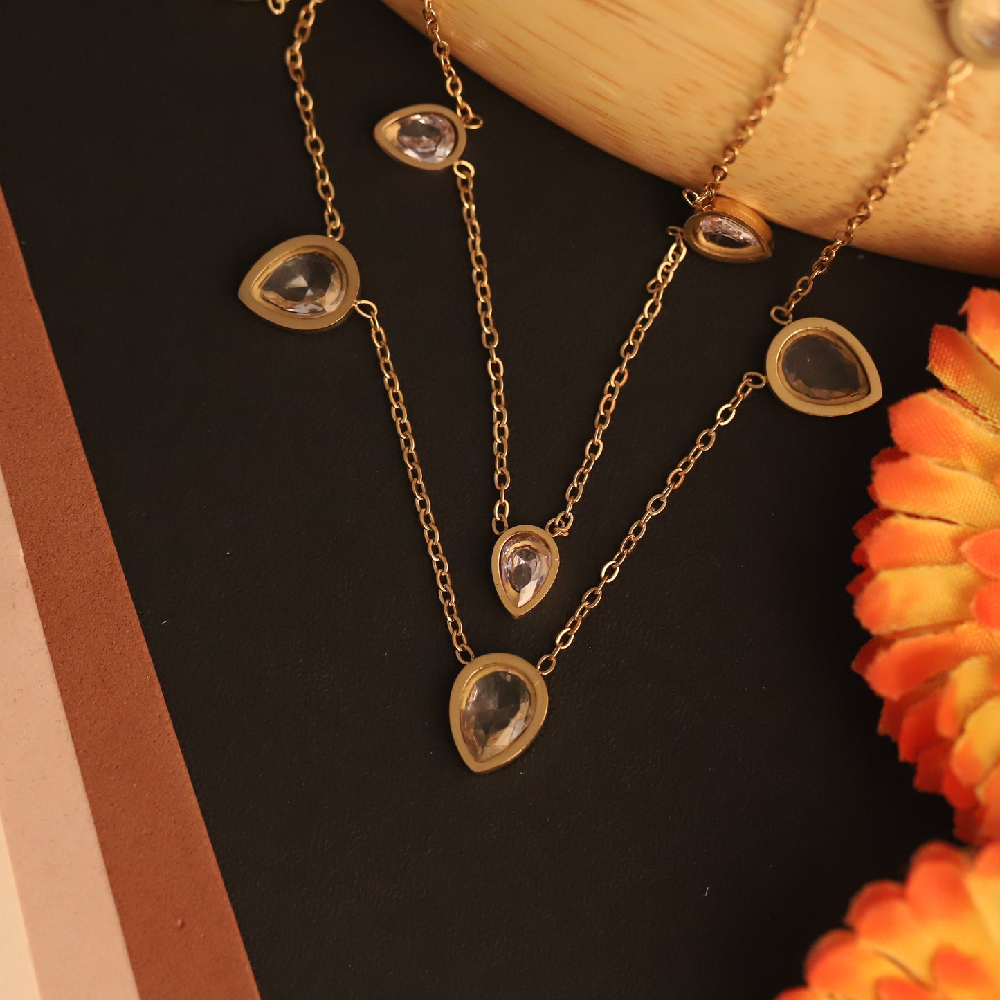 Waterproof 22K Gold Plated Stainless Steel Two-Layer White Stone Pendant
