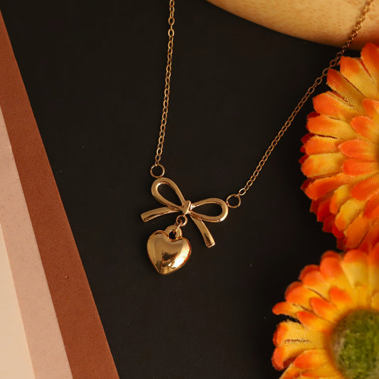 Dainty 22K Gold Plated Stainless Steel Heart Bow Pendant