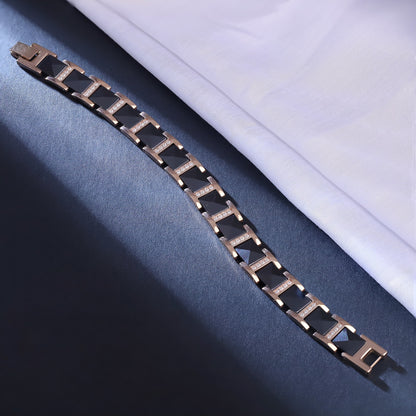 Men's Black & Rose Gold Bracelet with Diamond Accents - Luxury Link Bracelet