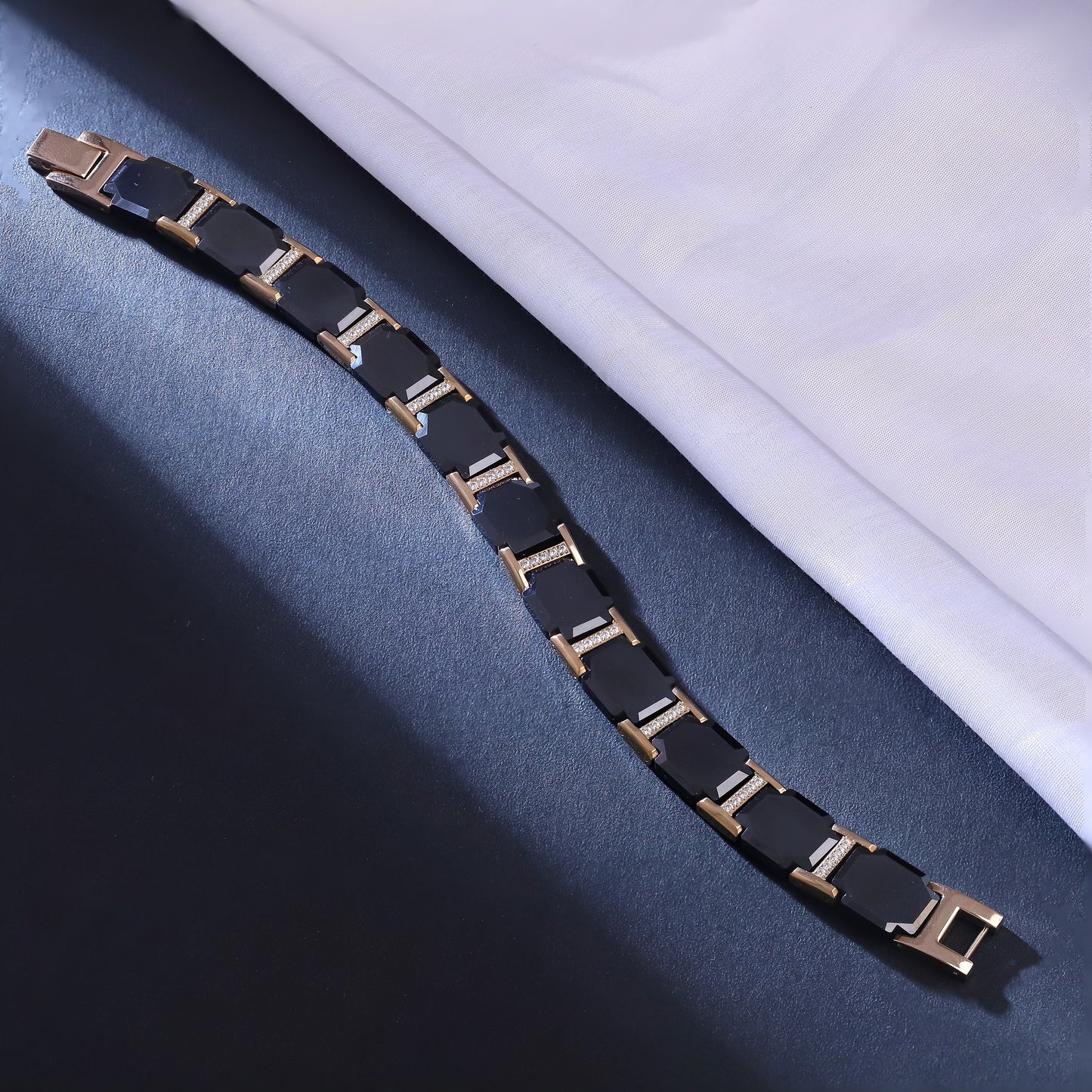 Men's Black & Gold-Tone Link Bracelet with Subtle Crystal Accents | Elegant Modern Design