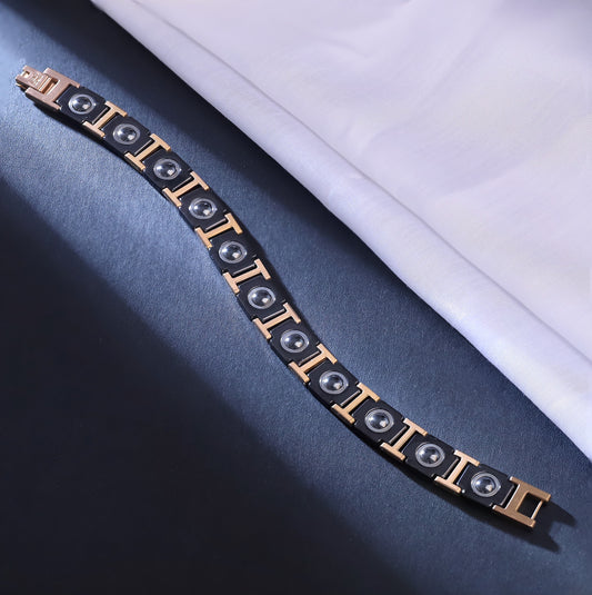 Men's Black & Gold-Tone Link Bracelet with Subtle Crystal Accents | Elegant Modern Design