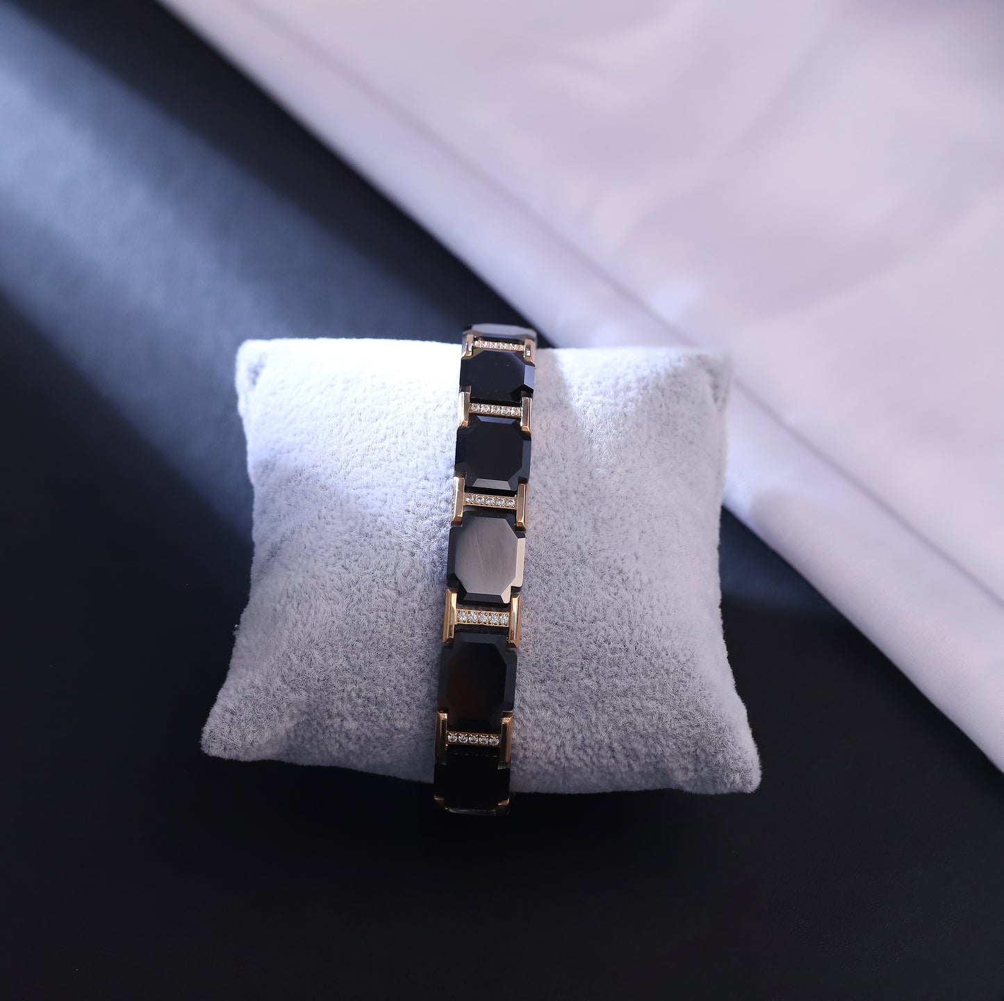 Men's Black & Gold-Tone Link Bracelet with Subtle Crystal Accents | Elegant Modern Design