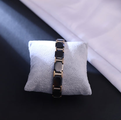 Men's Black & Gold-Tone Link Bracelet with Subtle Crystal Accents | Elegant Modern Design