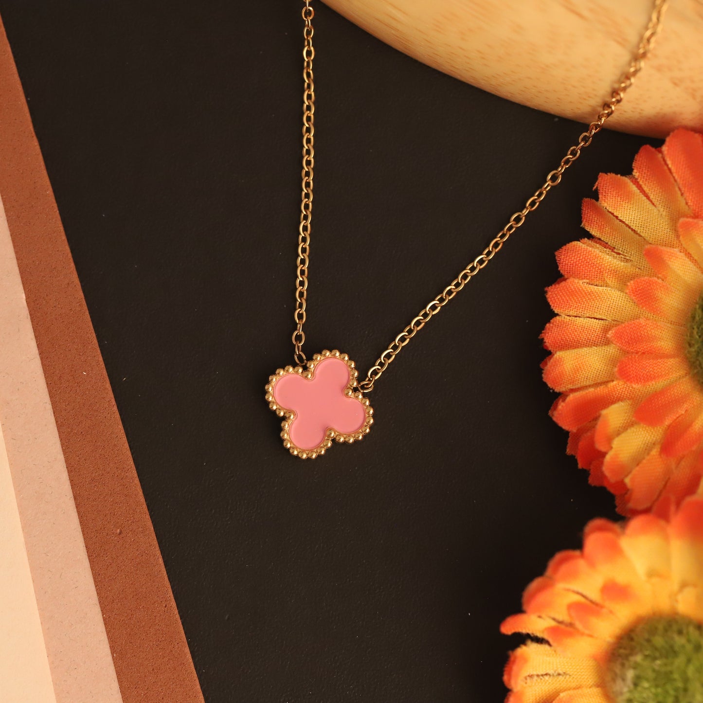 Trending 22K Gold Plated Waterproof Pink Clover & Butterfly Necklace - Adjustable & Durable