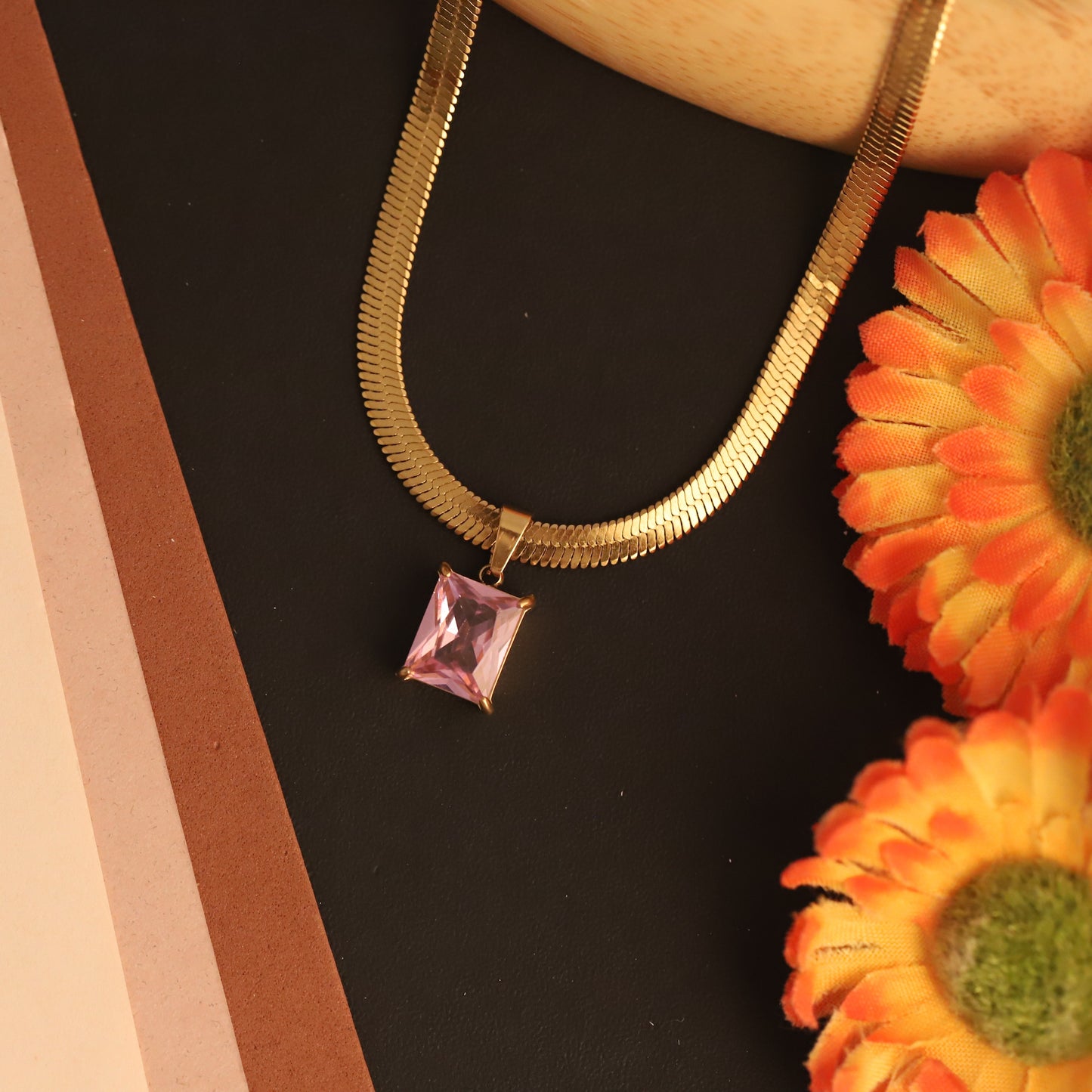 Trending 22K Gold Plated Pink Stone Butterfly Snake Chain Necklace - Waterproof & Adjustable