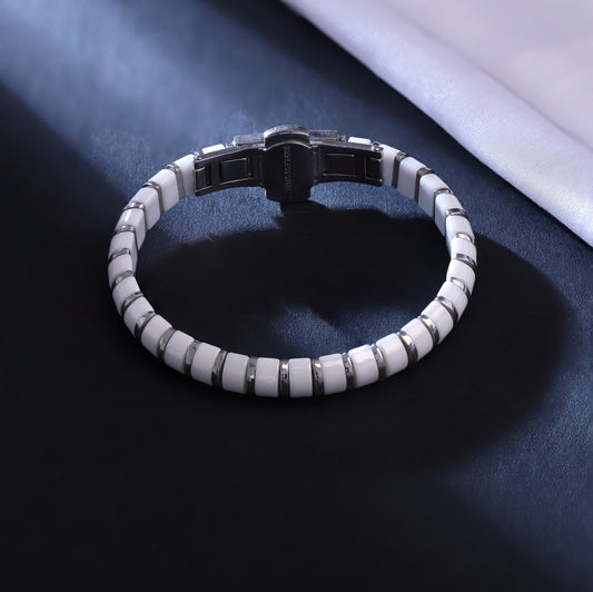 White Ceramic & Stainless Steel Link Bracelet | Modern Bangle | Men Jewelry