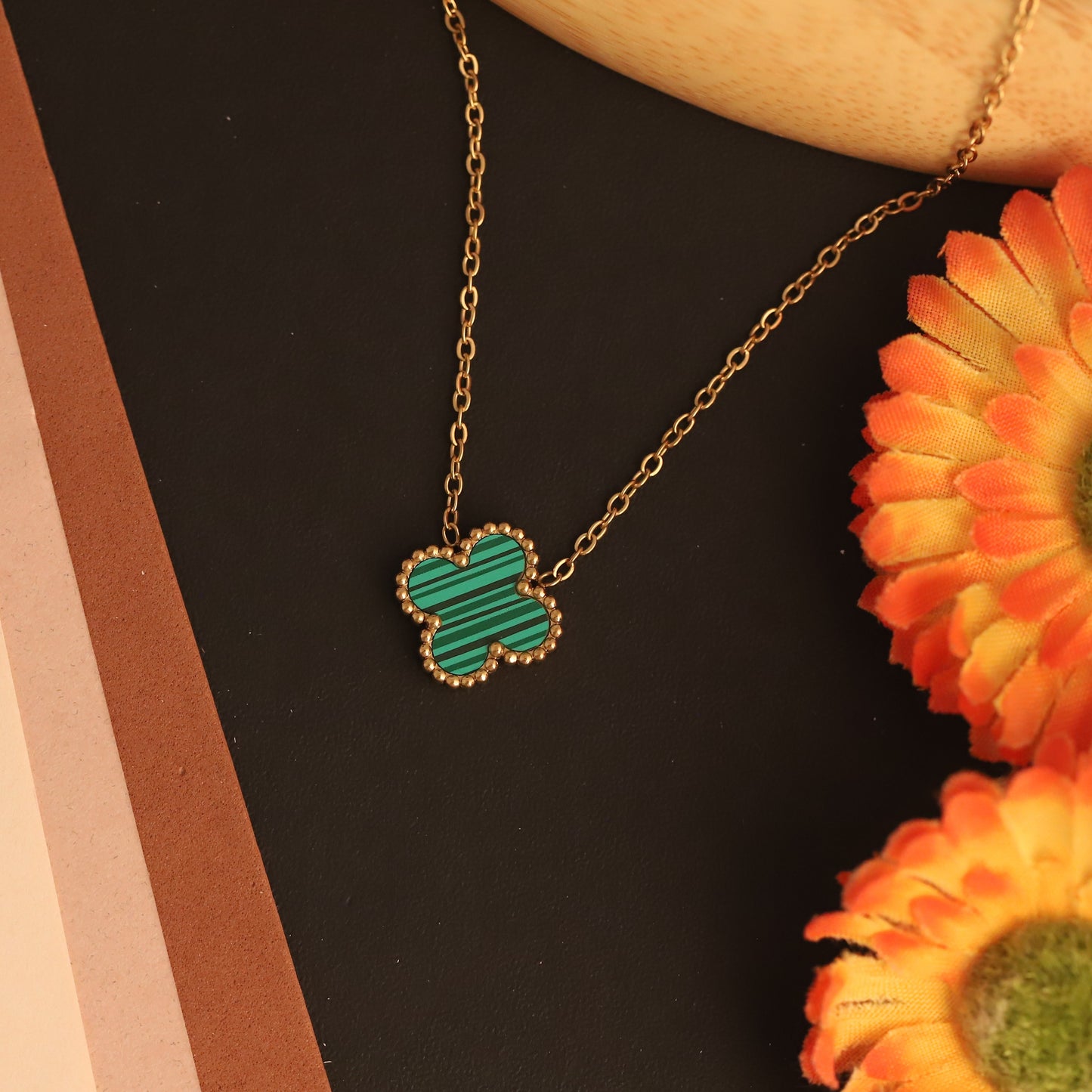 22K Gold Plated Green Clover Butterfly Necklace | Waterproof Stainless Steel