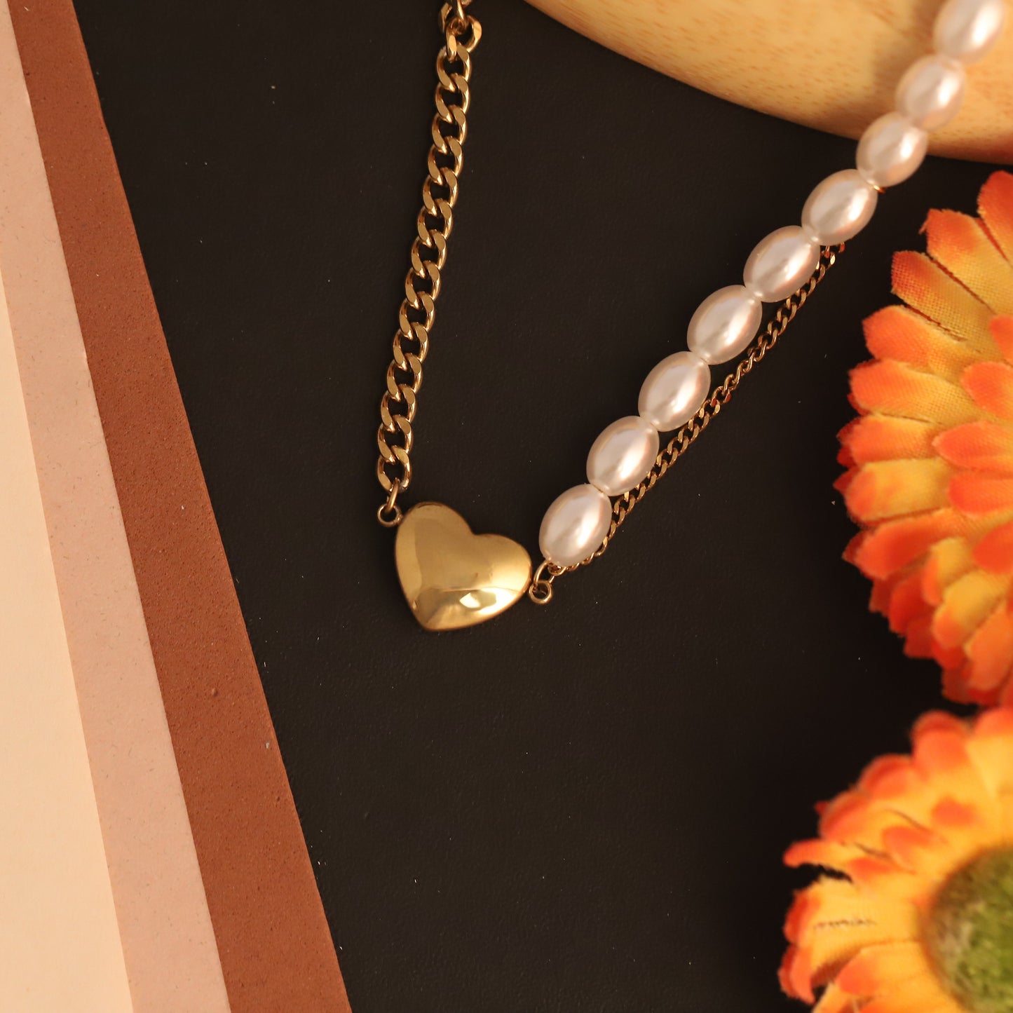 Dainty 22K Gold Plated Stainless Steel Heart Pendant with Dual Pearl  Chain