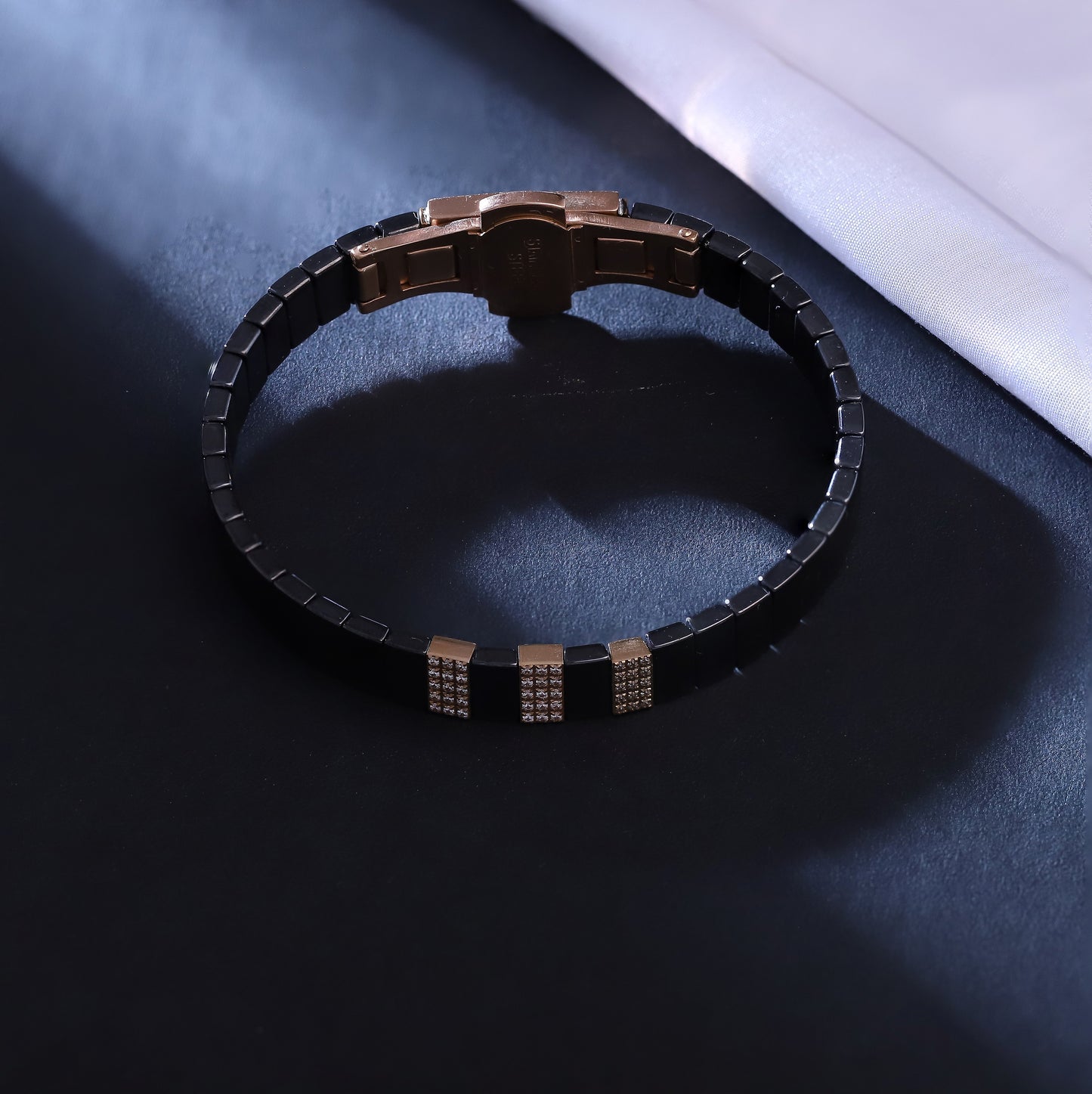 Curved Black Ceramic & Rose Gold Bracelet with Crystal Accents - Modern Wristwear