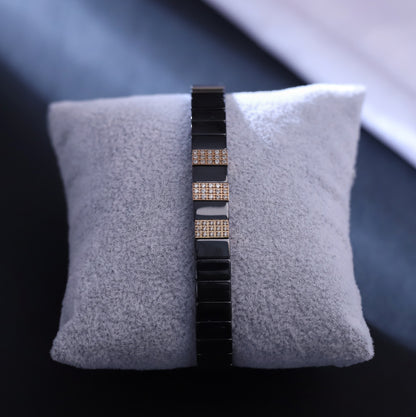 Curved Black Ceramic & Rose Gold Bracelet with Crystal Accents - Modern Wristwear