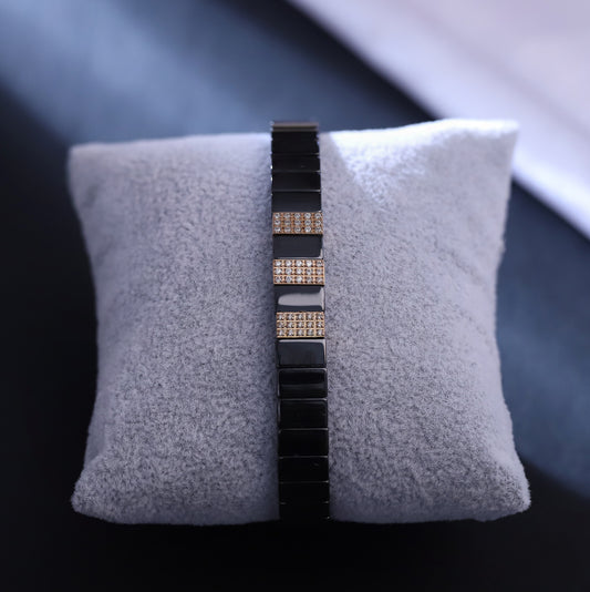 Curved Black Ceramic & Rose Gold Bracelet with Crystal Accents - Modern Wristwear