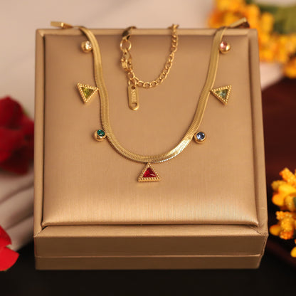 Gold Herringbone Snake Chain Necklace with Colorful Triangle & Gemstone Charms
