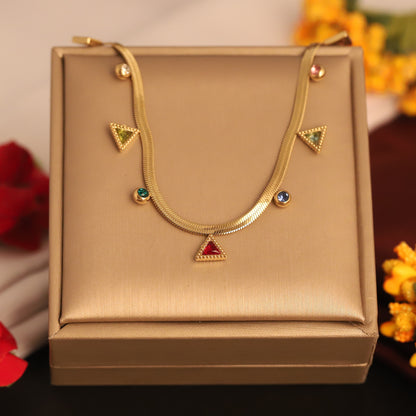 Gold Herringbone Snake Chain Necklace with Colorful Triangle & Gemstone Charms