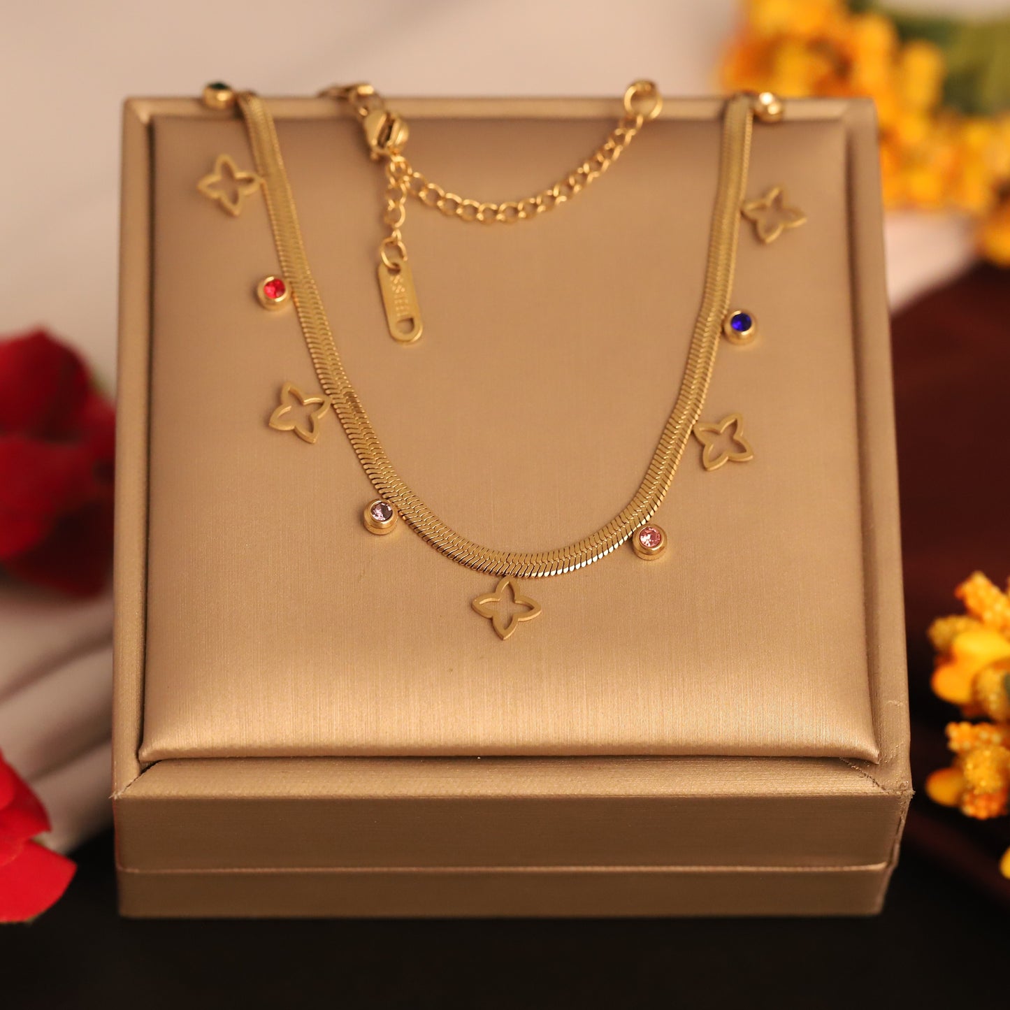Gold Plated Snake Chain Necklace with Colorful CZ & Clover Charms | Modern Everyday Jewelry