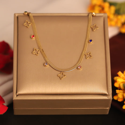 Gold Plated Snake Chain Necklace with Colorful CZ & Clover Charms | Modern Everyday Jewelry
