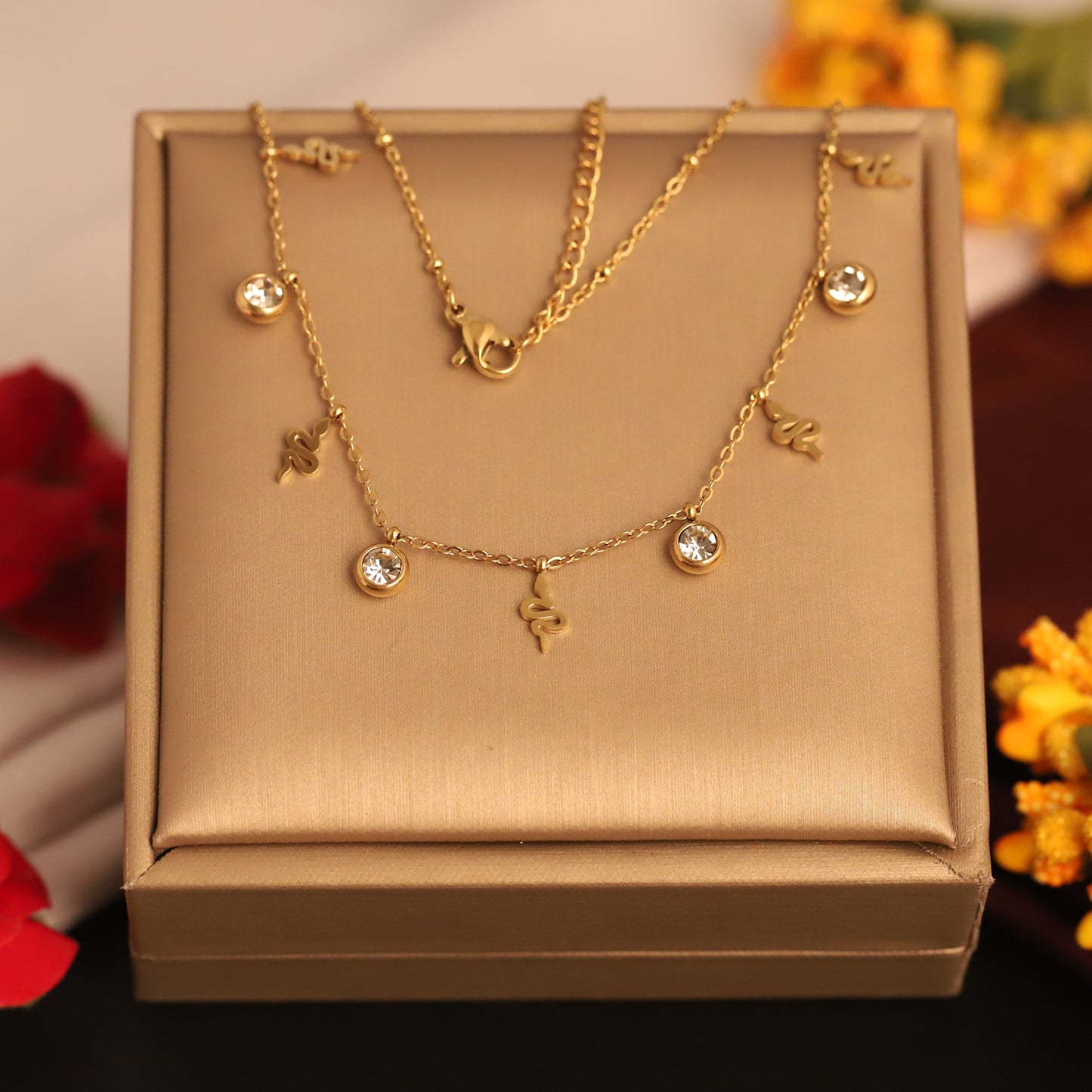 Gold Plated Snake Charm & CZ Stone Necklace | Dainty Serpent Jewelry