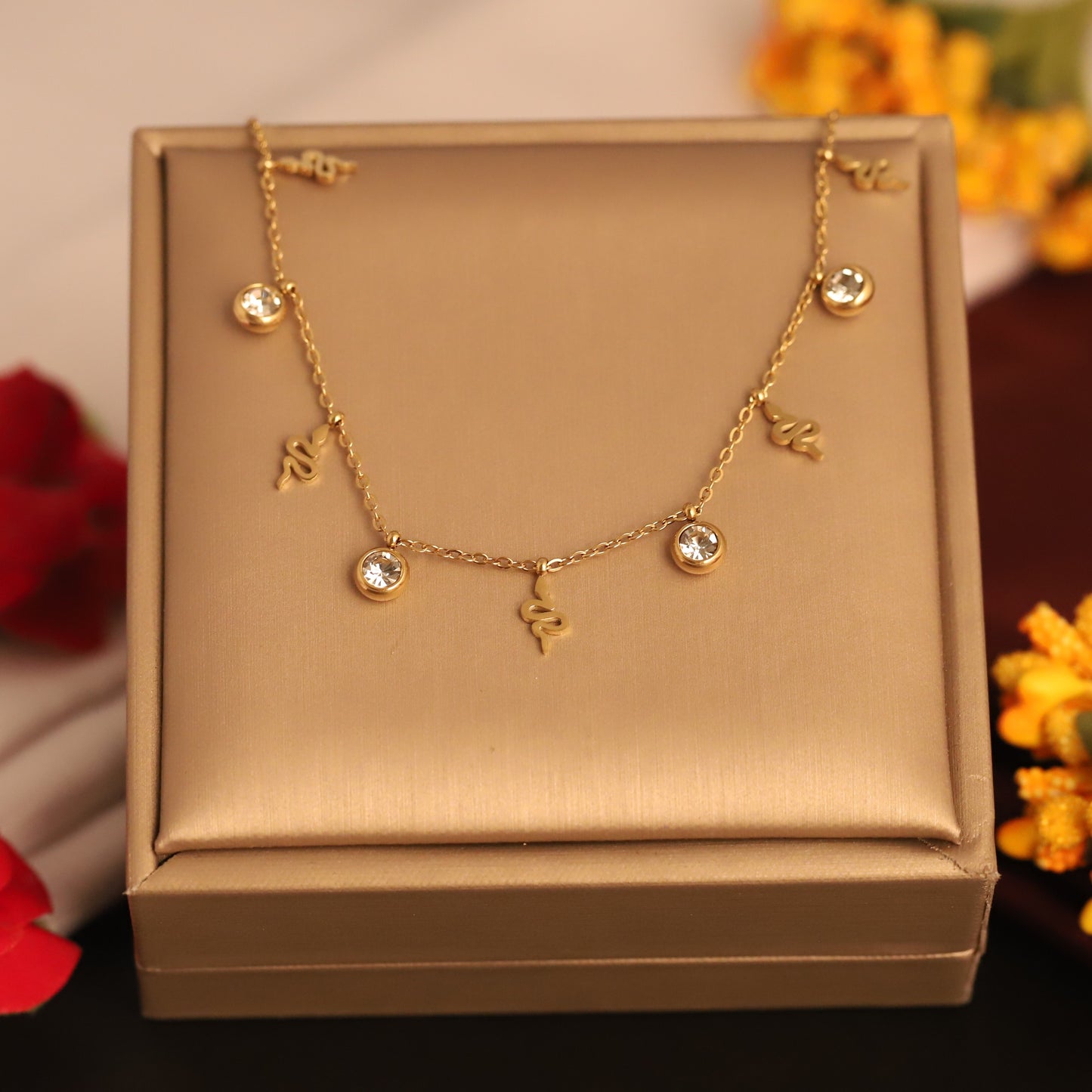 Gold Plated Snake Charm & CZ Stone Necklace | Dainty Serpent Jewelry