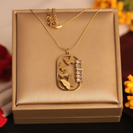 Butterfly & Crystal Rectangle Pendant Necklace | Gold Statement Jewelry
