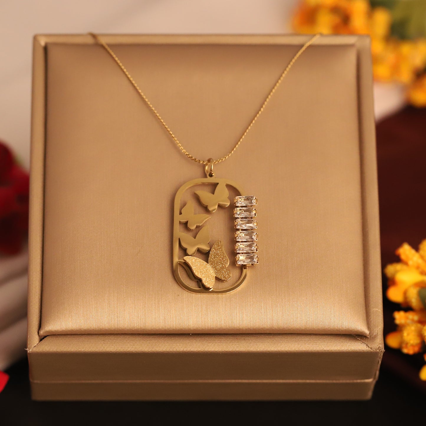 Butterfly & Crystal Rectangle Pendant Necklace | Gold Statement Jewelry