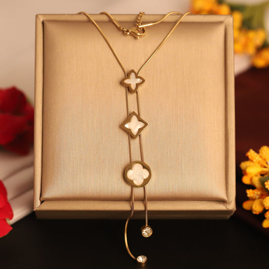 Elegant Gold Y Necklace with Mother of Pearl Clover & Geometric Charms
