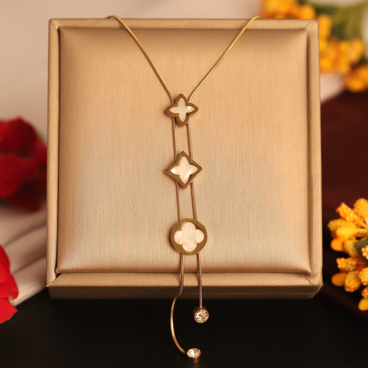 Elegant Gold Y Necklace with Mother of Pearl Clover & Geometric Charms