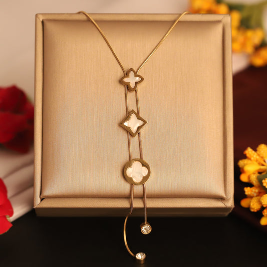 Elegant Gold Y Necklace with Mother of Pearl Clover & Geometric Charms