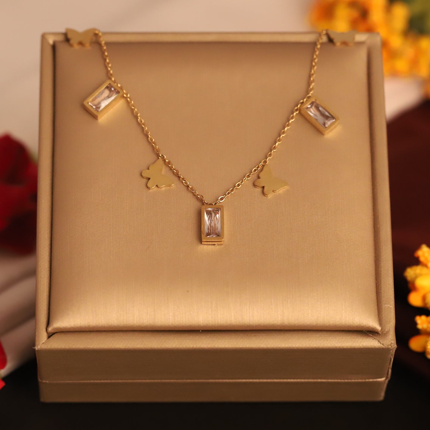 Butterfly & Crystal Bar Necklace | Gold Delicate Statement Jewelry