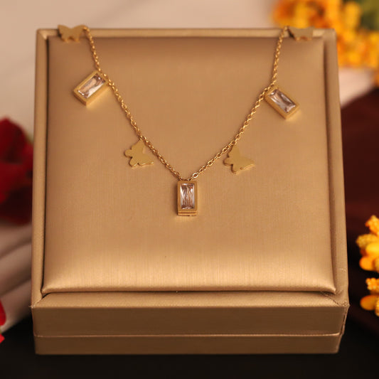 Butterfly & Crystal Bar Necklace | Gold Delicate Statement Jewelry