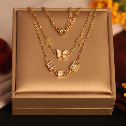 Elegant Layered Butterfly & Crystal Necklace | Gold Tone Dainty Chain | Feminine Statement Jewelry