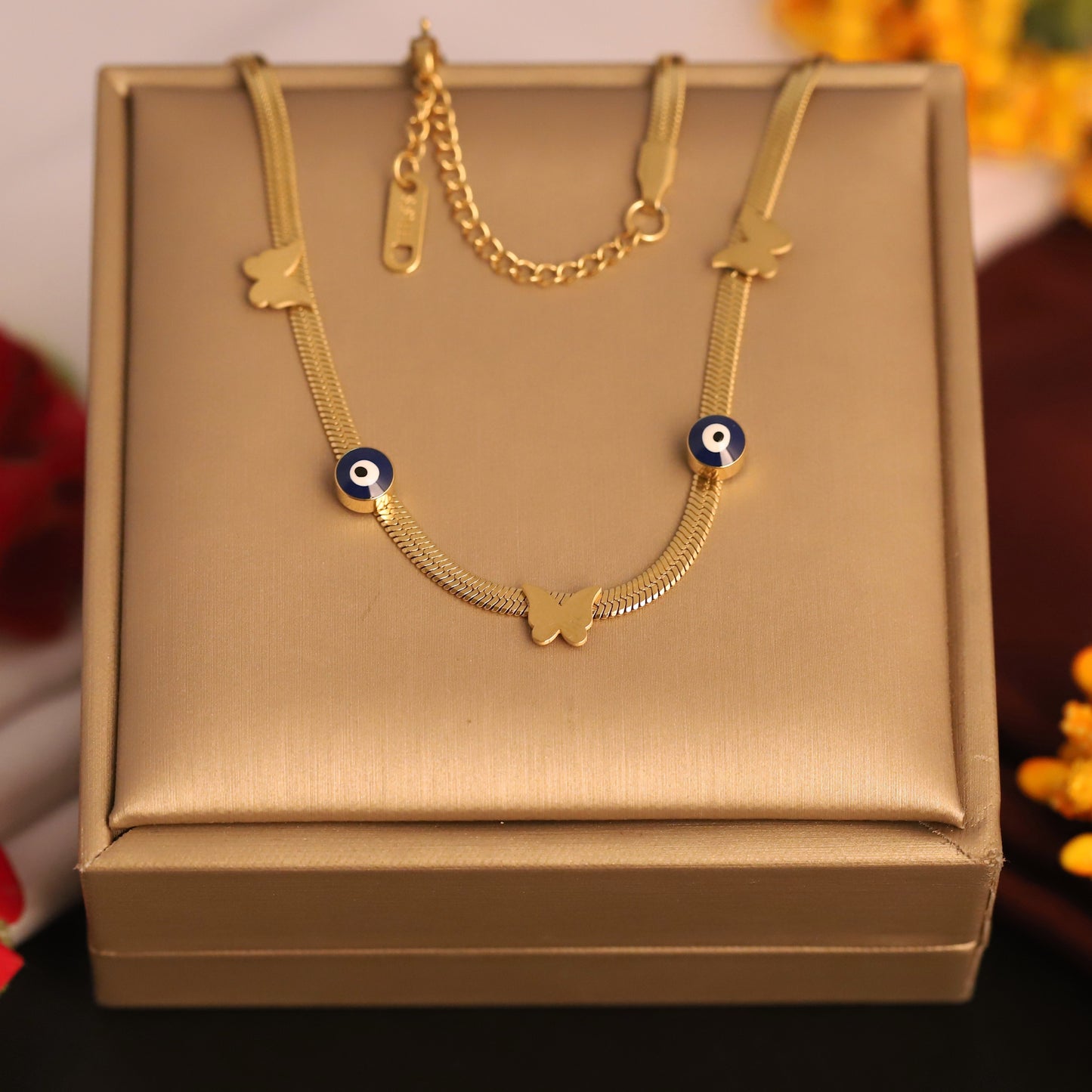 Gold Evil Eye & Butterfly Snake Chain Necklace - Stainless Steel | Protection & Whimsical Jewelry