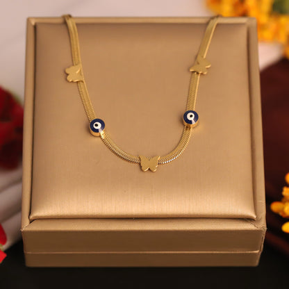 Gold Evil Eye & Butterfly Snake Chain Necklace - Stainless Steel | Protection & Whimsical Jewelry