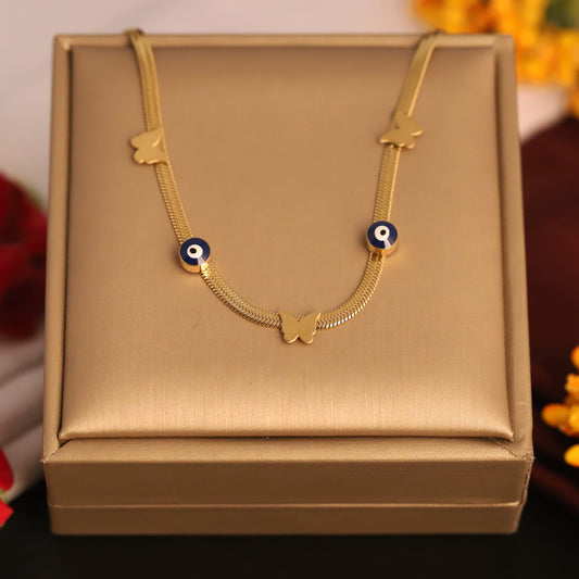 Gold Evil Eye & Butterfly Snake Chain Necklace - Stainless Steel | Protection & Whimsical Jewelry