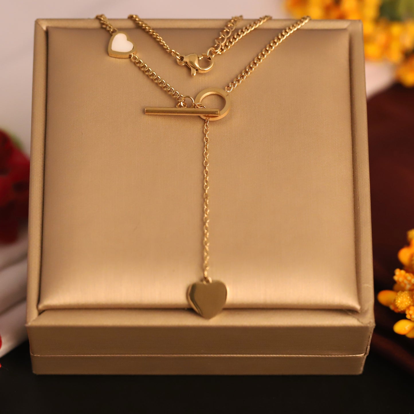 Layered Heart Toggle Necklace | Gold Y-Chain Romantic Jewelry
