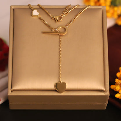 Layered Heart Toggle Necklace | Gold Y-Chain Romantic Jewelry