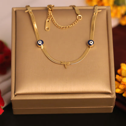 Gold Evil Eye & Dragonfly Snake Chain Necklace - Stainless Steel | Protection & Nature Inspired Jewelry