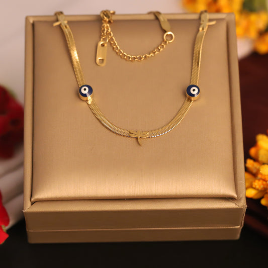 Gold Evil Eye & Dragonfly Snake Chain Necklace - Stainless Steel | Protection & Nature Inspired Jewelry