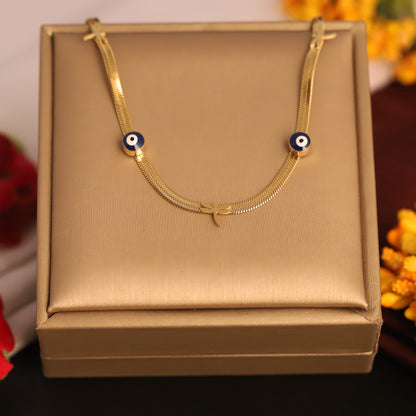 Gold Evil Eye & Dragonfly Snake Chain Necklace - Stainless Steel | Protection & Nature Inspired Jewelry