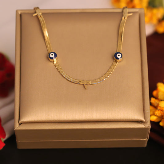 Gold Evil Eye & Dragonfly Snake Chain Necklace - Stainless Steel | Protection & Nature Inspired Jewelry