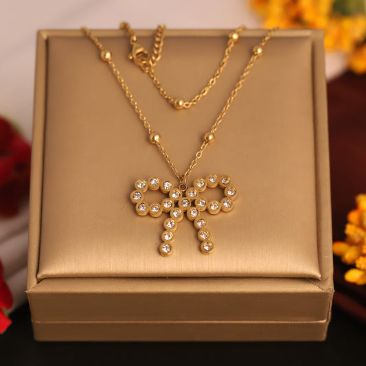Dainty Gold Bow Pendant with Rhinestones | Elegant Pendant Jewelry