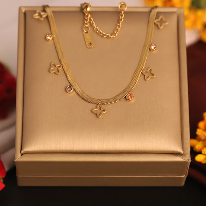 Gold Plated Snake Chain Necklace with Clover & Colorful Gemstone Charms | Modern Dainty Jewelry