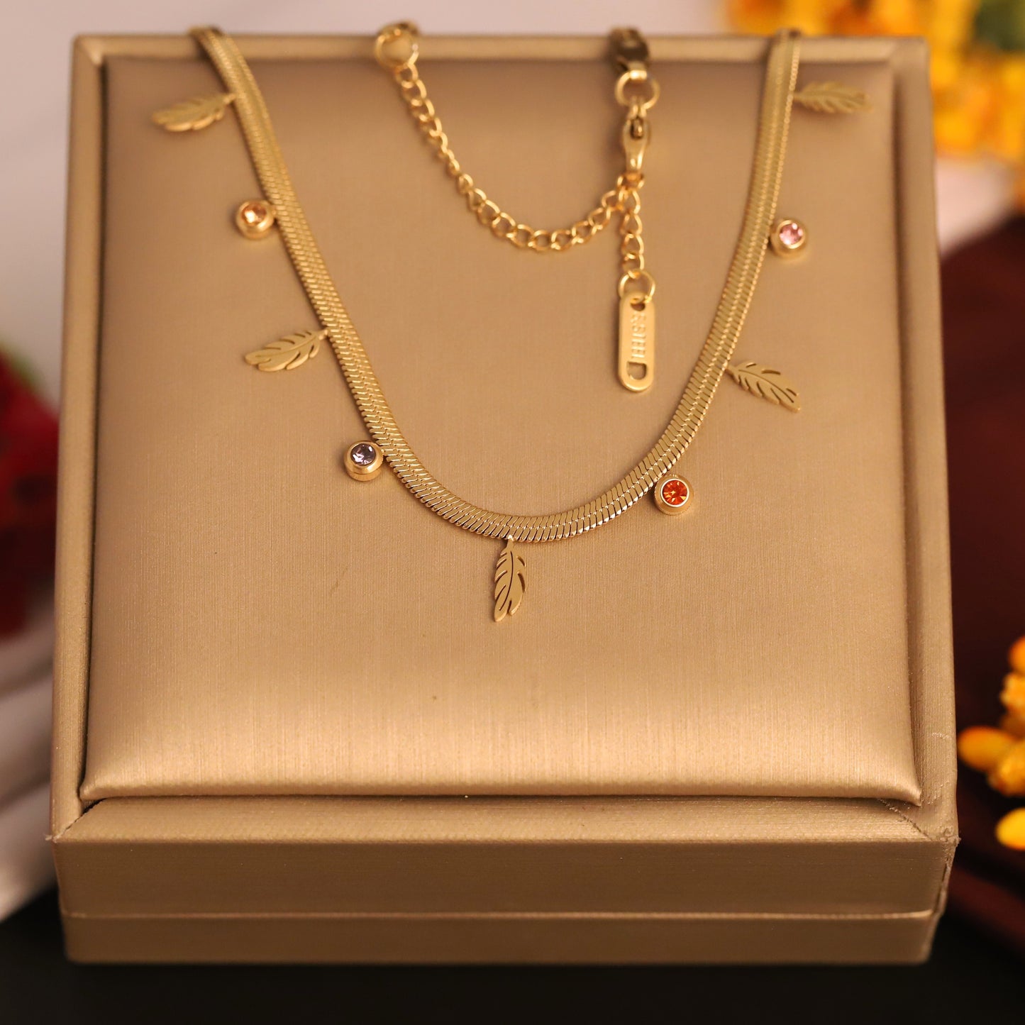 Gold Plated Snake Chain Necklace with Feather Charms & Colorful CZ Stones | Boho Chic Dainty Jewelry