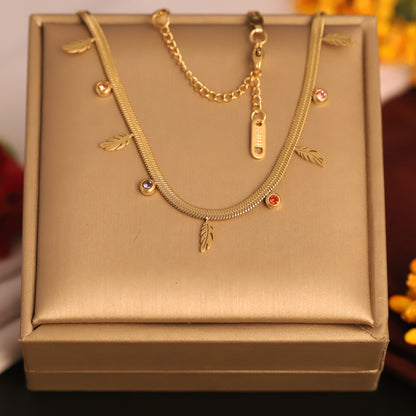 Gold Plated Snake Chain Necklace with Feather Charms & Colorful CZ Stones | Boho Chic Dainty Jewelry